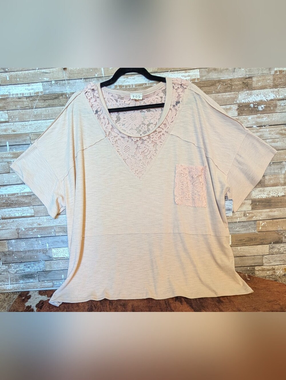 NWT Pol Off White Ribbed Tunic W Pink Lace Front & Back